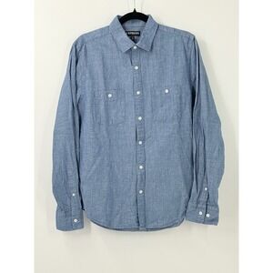 Express Mens Blue Cotton Linen Blend Button Up Shirt Sz M preppy